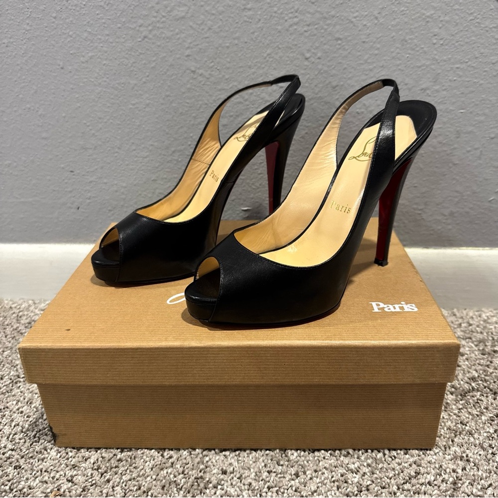 Christian Louboutin Black N Prive 120 Kid Cuoio Slingback Heel Pumps 38